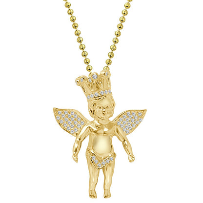 Authentic Real Genuine Sterling Silver Simulated Diamond Baby Angel Crown Face Unisex Religious Pendant Charm Chain Neckless Set 1.75''