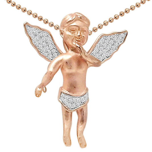 Rose Gold Copper Tone Authentic Real Sterling Silver Simulated Diamond Baby Angel Religious Pendant Charm Chain Neckless Set Small 1.35''