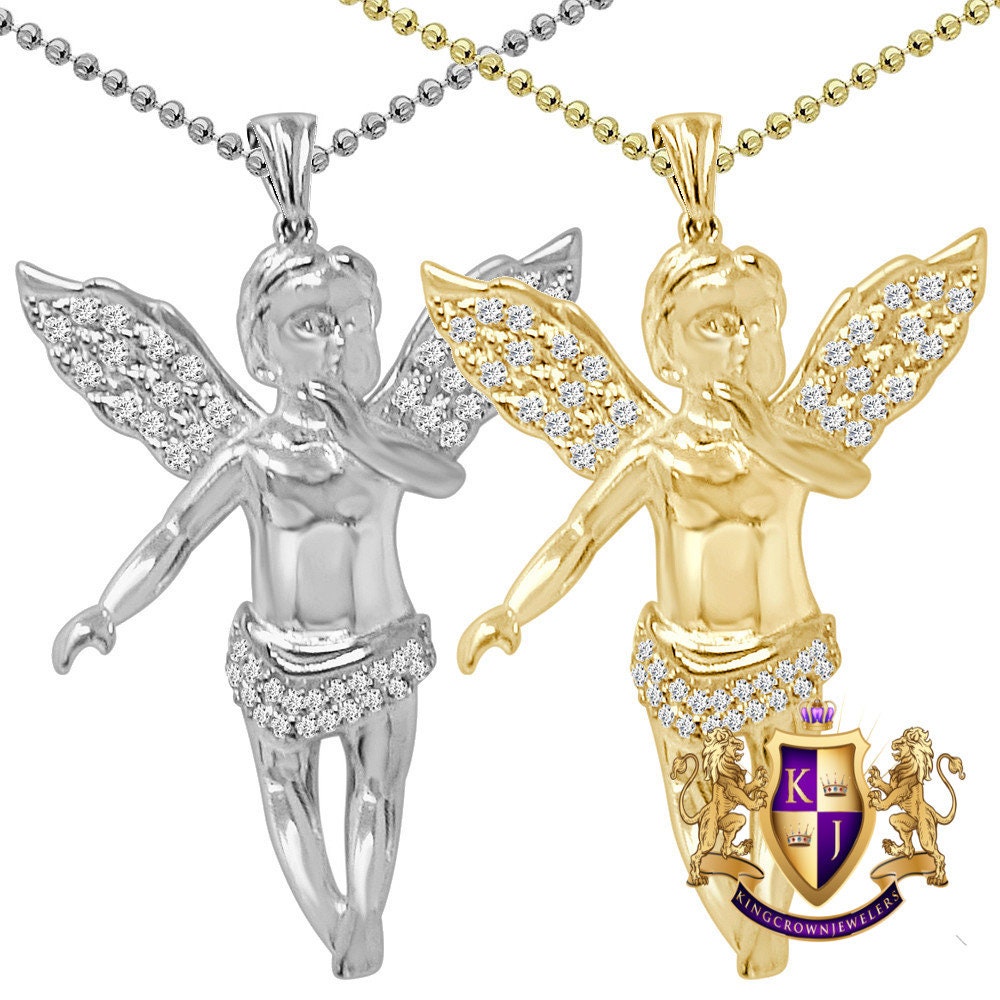 18+ Grams 1.90'' Authentic Real Genuine Sterling Silver 1.00 Cwt. Simulated Diamond Angel Wings Religious Pendant Charm Chain Neckless Set