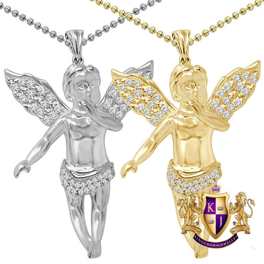 18+ Grams 1.90'' Authentic Real Genuine Sterling Silver 1.00 Cwt. Simulated Diamond Angel Wings Religious Pendant Charm Chain Neckless Set