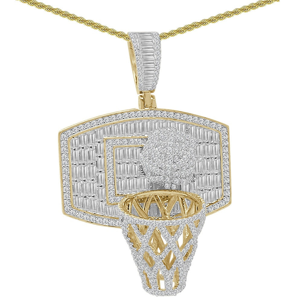 3D Baguette Real Italian Sterling Silver 25+ Grams 2.00 Ct. Simulated Diamond 14k Gold Over Basketball Hoop Charm Pendant Chain Neckless Set