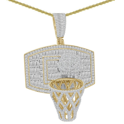 3D Baguette Real Italian Sterling Silver 25+ Grams 2.00 Ct. Simulated Diamond 14k Gold Over Basketball Hoop Charm Pendant Chain Neckless Set