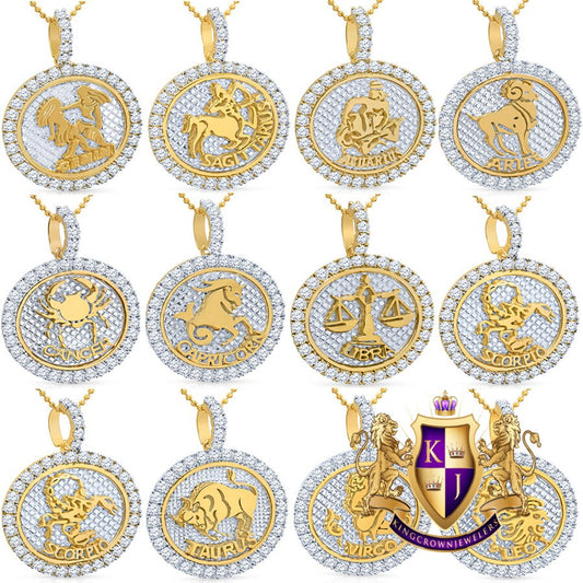Real Genuine Italian Sterling Silver 14K Gold On Zodiac Sign Astrology Horoscope Round Pendant 2.00 Cwt. Simulated Diamond Charm Chain Set