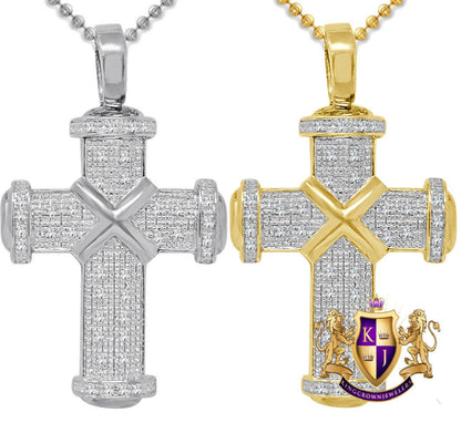 Real Genuine Authentic Diamond Jesus Crist Holy Cross Designer Pipe Pole Pendant 10K Gold Finish Unisex Charm Chain Neckless Set 1.75''