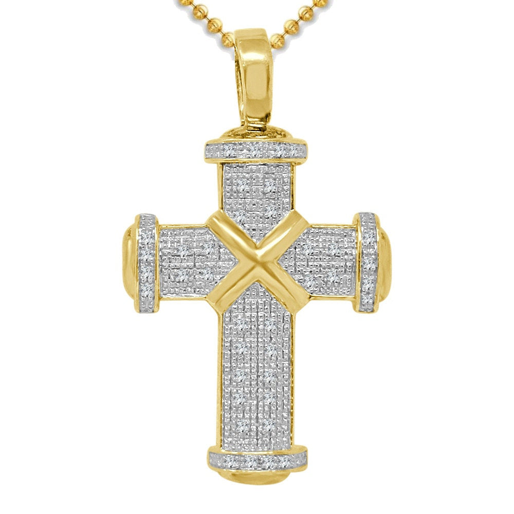 Real Genuine Authentic Diamond Jesus Crist Holy Cross Designer Pipe Pole Pendant 10K Gold Finish Unisex Charm Chain Neckless Set 1.75''