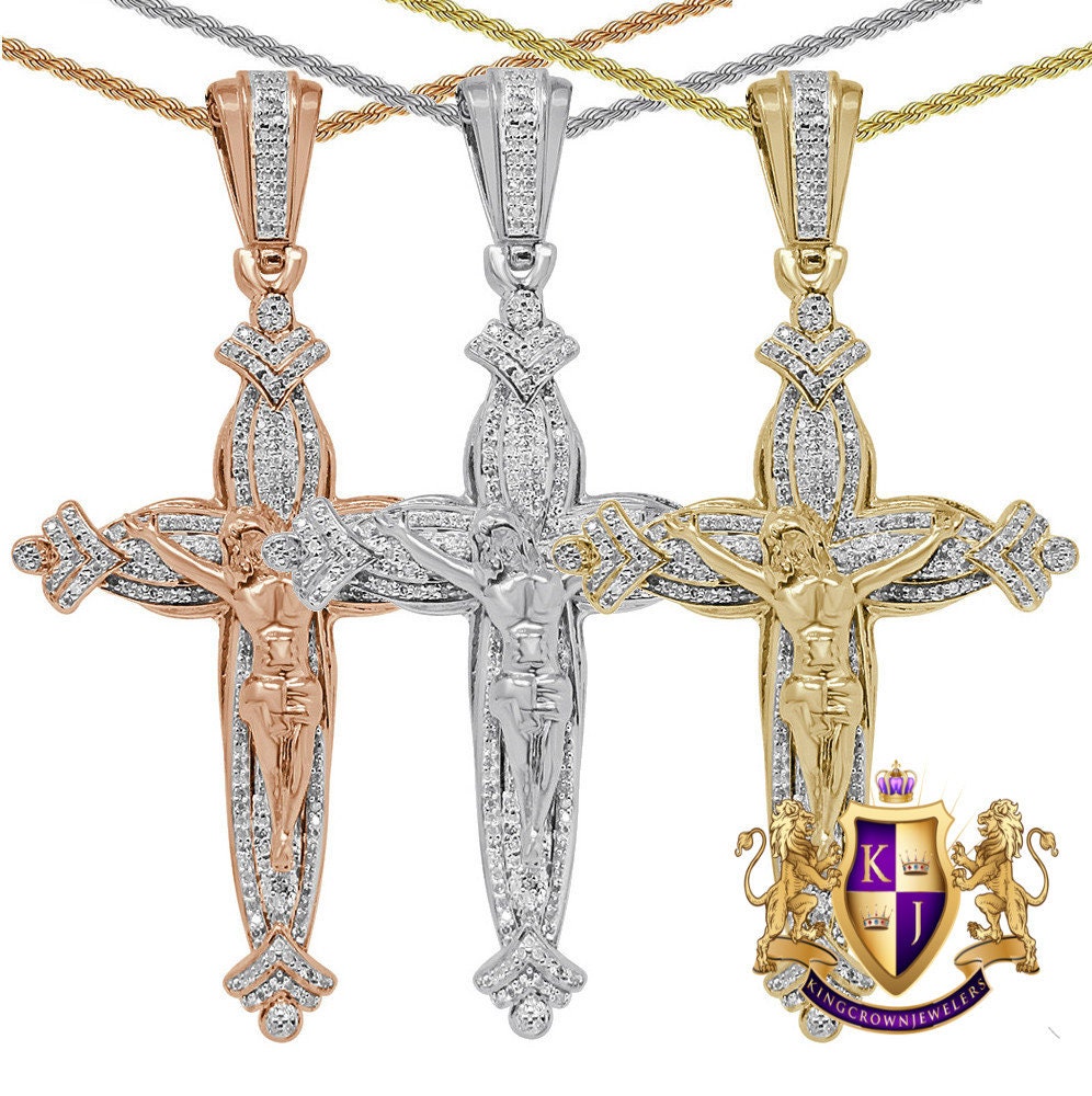 Real Genuine Authentic Diamond 0.75 Cwt. 18+ Grams Jesus Christ Cross Crucifix Charm 10K Gold Over Unisex Pendant Chain Neckless Set 2.80''