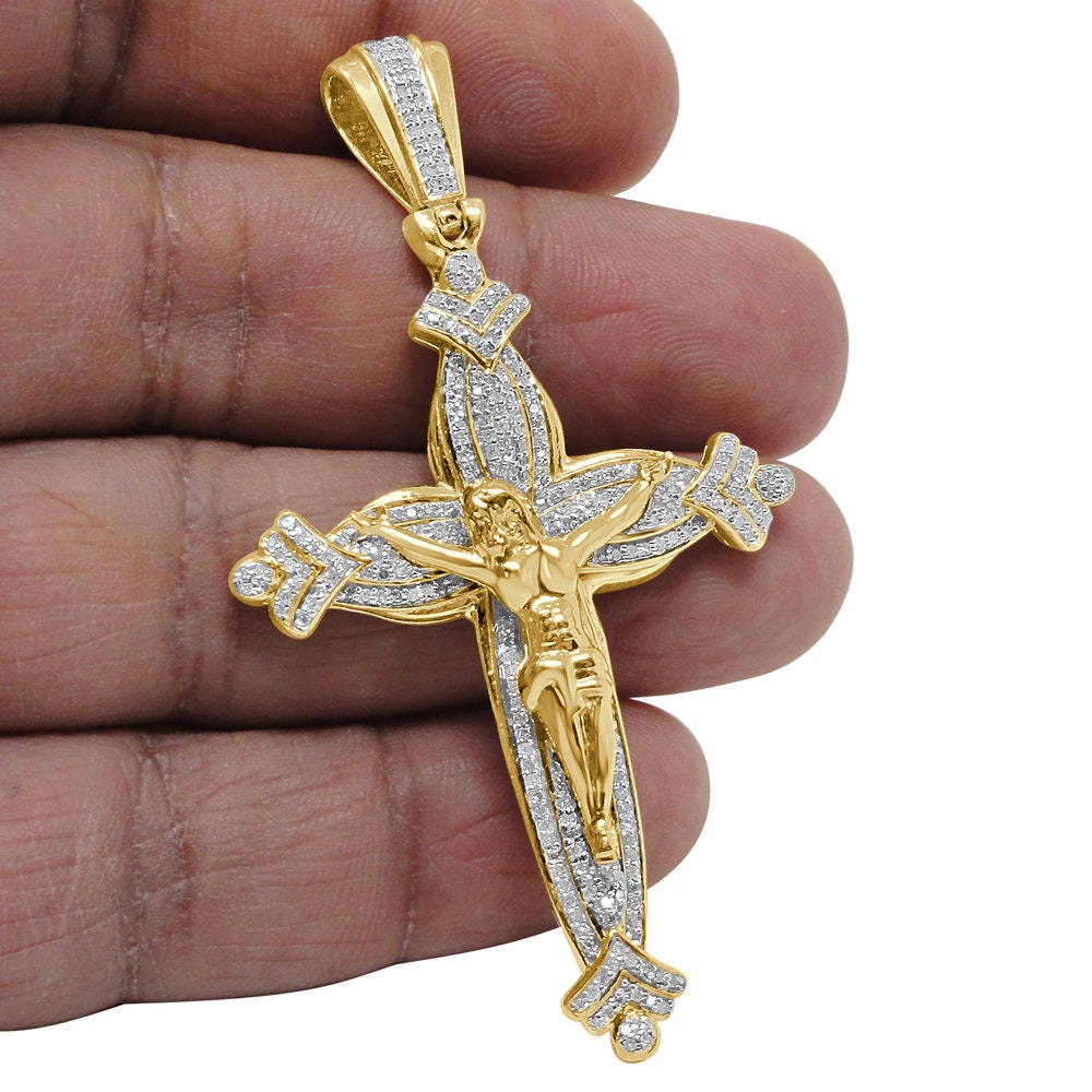 Real Genuine Authentic Diamond 0.75 Cwt. 18+ Grams Jesus Christ Cross Crucifix Charm 10K Gold Over Unisex Pendant Chain Neckless Set 2.80''