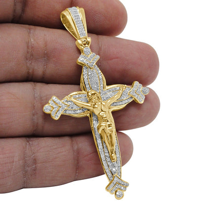 Real Genuine Authentic Diamond 0.75 Cwt. 18+ Grams Jesus Christ Cross Crucifix Charm 10K Gold Over Unisex Pendant Chain Neckless Set 2.80''