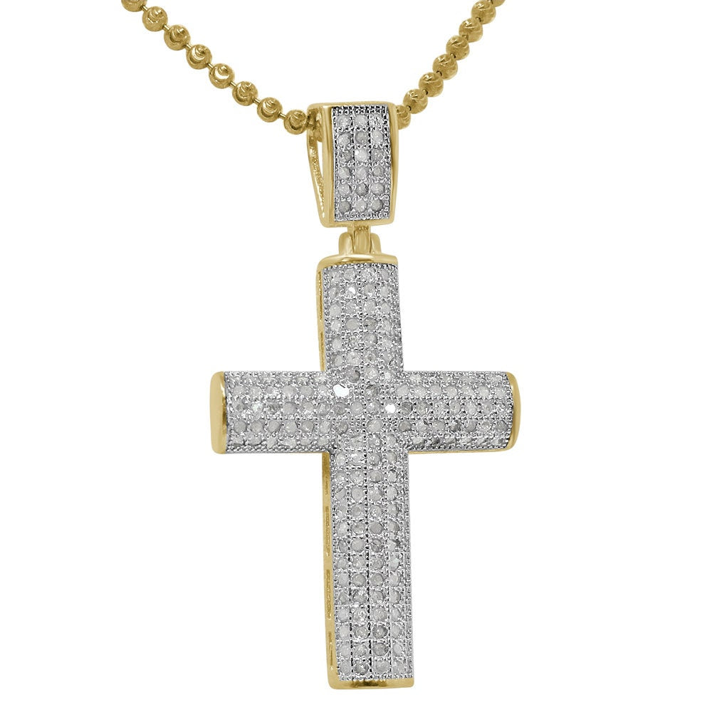 Real Genuine Authentic Natural Diamond 0.75 Cwt. Dome Style Holy Jesus Cross Pendant 10K Gold Finish Unisex Religious Charm 1.75''