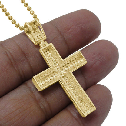 Real Genuine Authentic Natural Diamond 0.75 Cwt. Dome Style Holy Jesus Cross Pendant 10K Gold Finish Unisex Religious Charm 1.75''