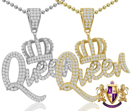 Real Genuine Sterling Silver 1.00 Cwt. Simulated Diamond 10K Gold Over Queen Princess Crown Quinceañera 15 Años Pendant Charm Chain Set