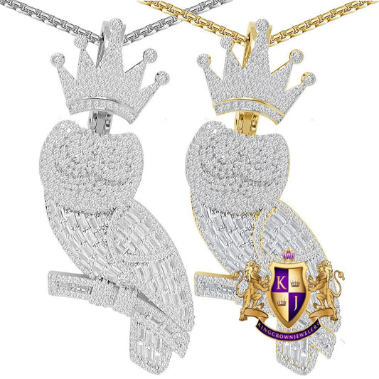 45+ Grams 3D Big XL 3'' 6.50 Cwt. Baguette/Round Cut Simulated Diamond Custom Piece Midnight Owl Crown Face 14K Gold On Pendant Charm +Chain