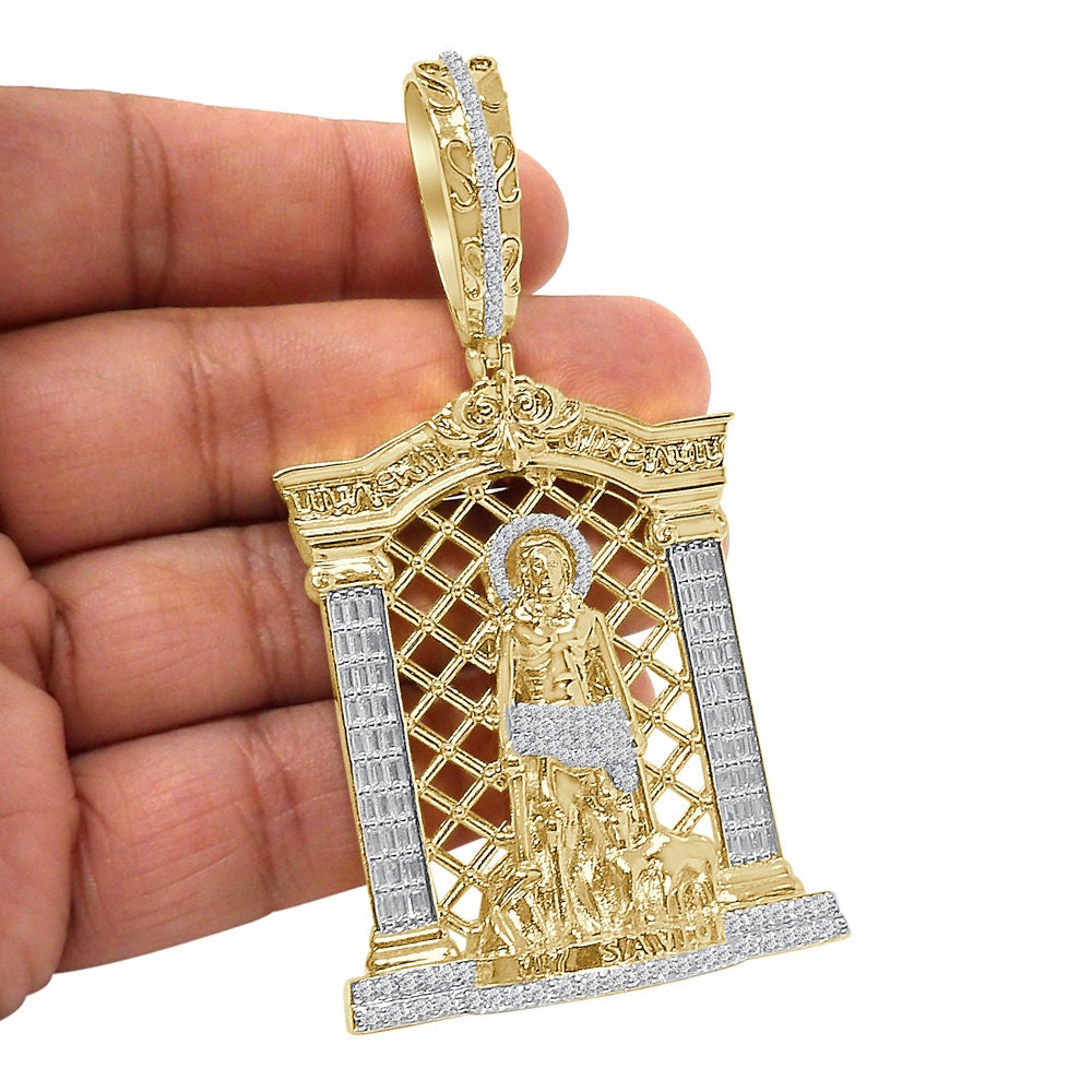 40+ Grams Big XL 3.80''  Baguette/Round Cut 2.75 Ctw Simulated Diamond Saint Lazarus My Savior Heaven Gate 14K Gold Over Men's Pendant Charm