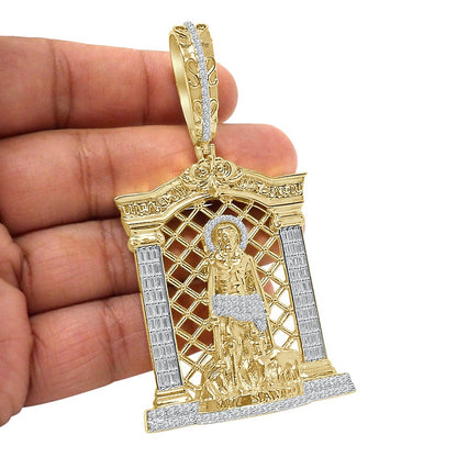 40+ Grams Big XL 3.80''  Baguette/Round Cut 2.75 Ctw Simulated Diamond Saint Lazarus My Savior Heaven Gate 14K Gold Over Men's Pendant Charm