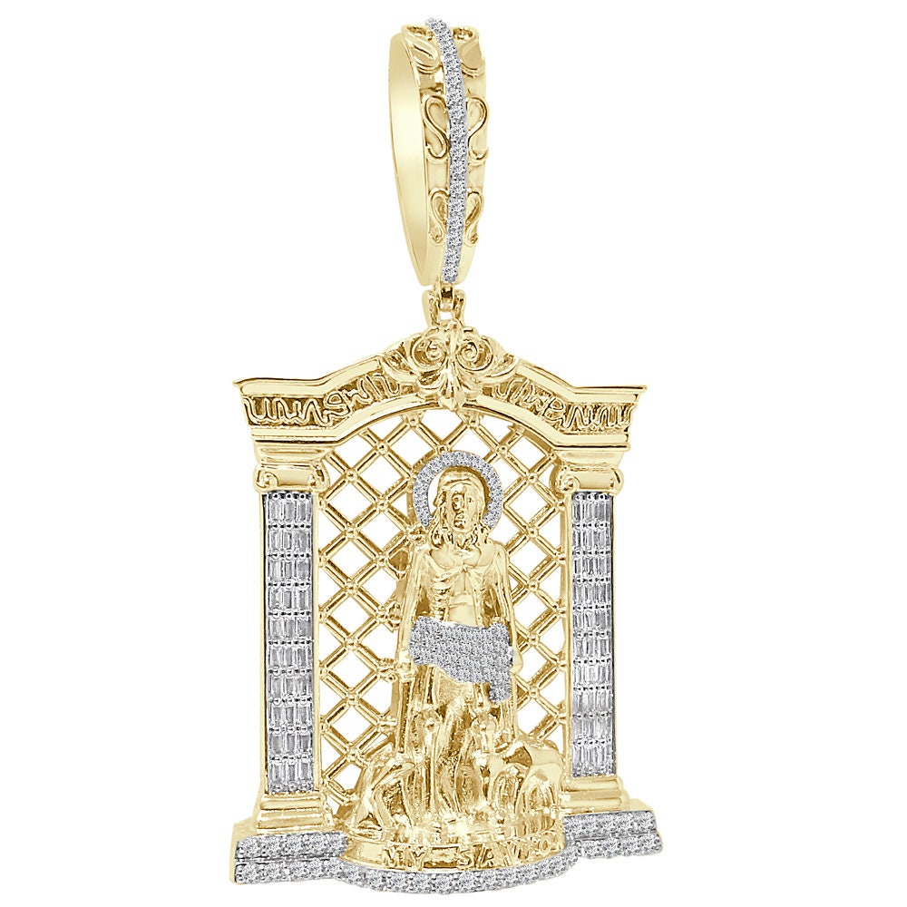 40+ Grams Big XL 3.80''  Baguette/Round Cut 2.75 Ctw Simulated Diamond Saint Lazarus My Savior Heaven Gate 14K Gold Over Men's Pendant Charm