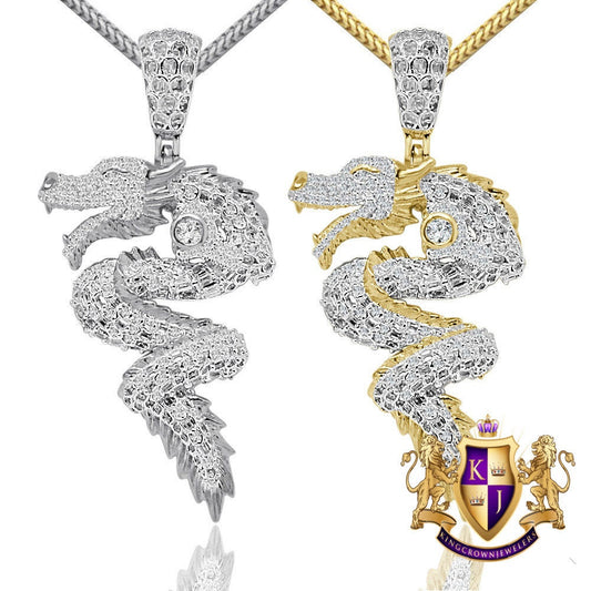 Real Genuine Italian Sterling Silver Baguette Round Cut Simulated Diamond 14K Gold Over 3D Good Luck Dragon Charm Lucky Pendant Chain Set