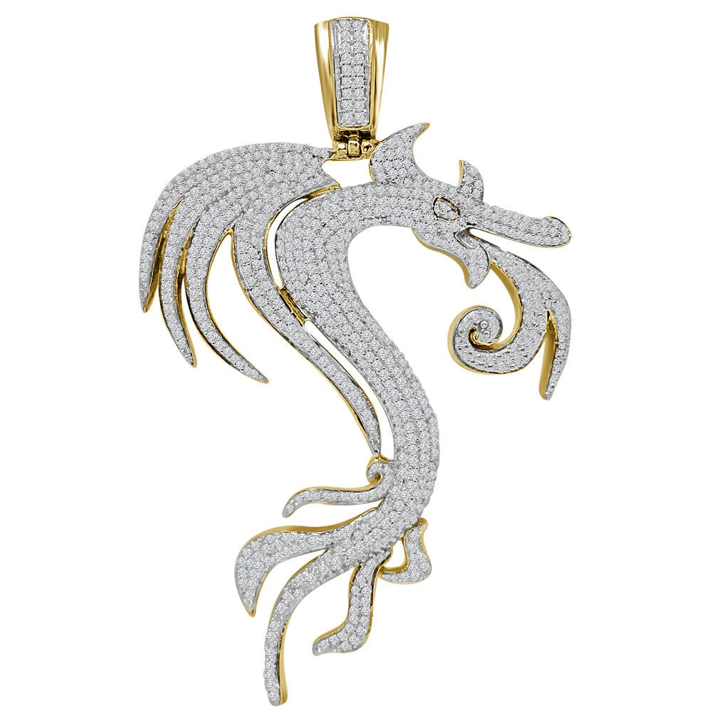 24+ Grams Real Genuine Sterling Silver Big XL 3.30'' 14K Gold Finish 2.00 Cwt. Simulated Diamond Lucky Dragon Men's Pendant Good Luck Charm