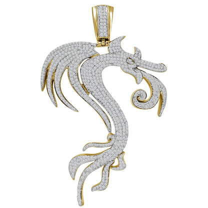 24+ Grams Real Genuine Sterling Silver Big XL 3.30'' 14K Gold Finish 2.00 Cwt. Simulated Diamond Lucky Dragon Men's Pendant Good Luck Charm
