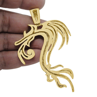 24+ Grams Real Genuine Sterling Silver Big XL 3.30'' 14K Gold Finish 2.00 Cwt. Simulated Diamond Lucky Dragon Men's Pendant Good Luck Charm