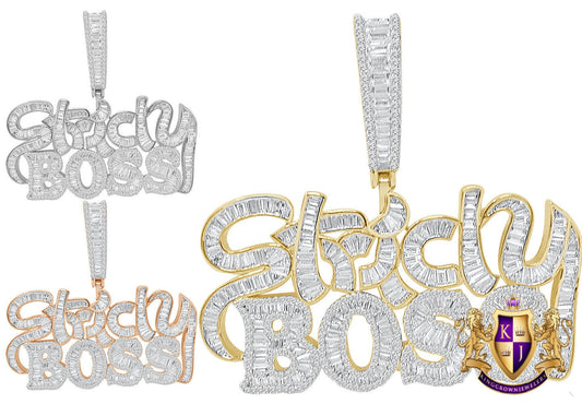 32+ Grams Big Bold 2.5'' Baguette/Round Cut 6.00 Cwt. Simulated Diamond Strictly Boss Exclusive Custom Piece 14K Gold On Men's Pendant Charm