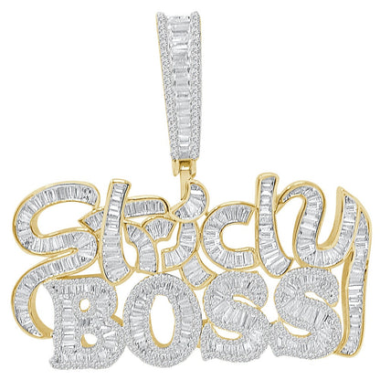 32+ Grams Big Bold 2.5'' Baguette/Round Cut 6.00 Cwt. Simulated Diamond Strictly Boss Exclusive Custom Piece 14K Gold On Men's Pendant Charm