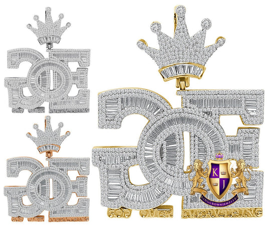 48+ Grams Big XL 3'' Baguette/Round Cut 5.25 Ct. Simulated Diamond GOE God Over Everything Crown Face Custom 14K Gold On Men's Pendant Charm