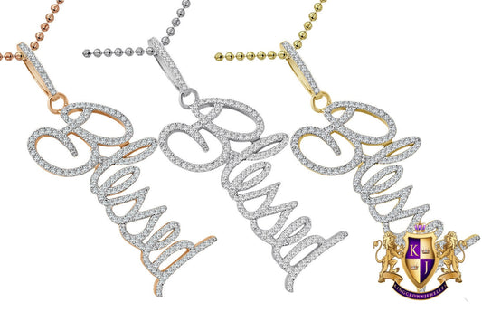 Real Genuine Italian Sterling Silver 2.00 Cwt. Simulated Diamond 14K Gold Over Blessed Unisex Charm Pendant Chain Neckless Set 2.5''