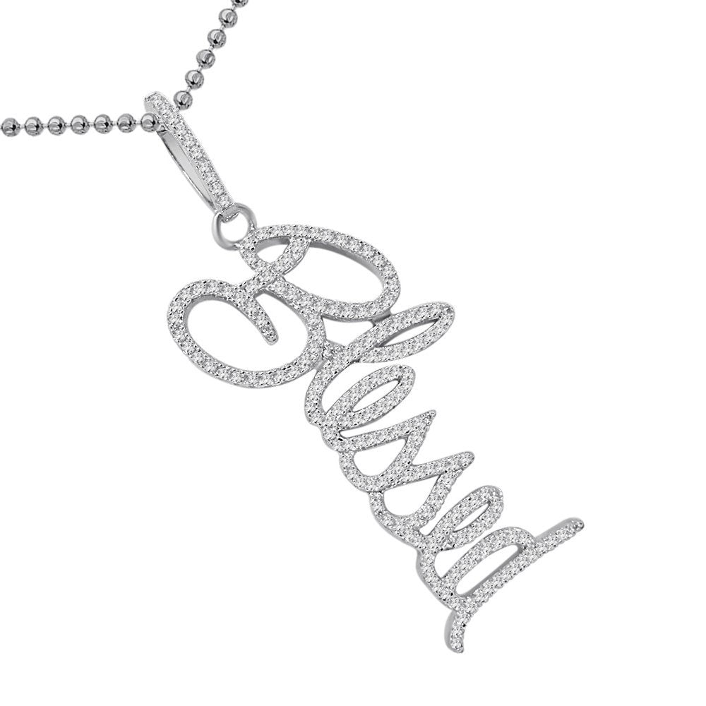 Real Genuine Italian Sterling Silver 2.00 Cwt. Simulated Diamond 14K Gold Over Blessed Unisex Charm Pendant Chain Neckless Set 2.5''
