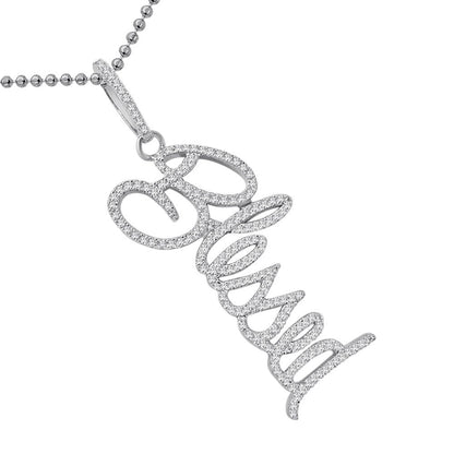 Real Genuine Italian Sterling Silver 2.00 Cwt. Simulated Diamond 14K Gold Over Blessed Unisex Charm Pendant Chain Neckless Set 2.5''