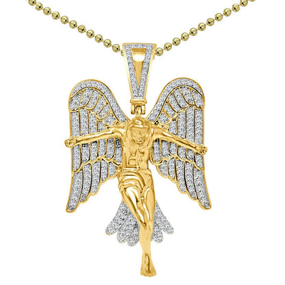 Real Genuine Sterling Silver 23+ Grams 14K Gold On Jesus Crucifix Angel Wings Religious Pendant 2.00 Cwt. Simulated Diamond Charm Chain Set
