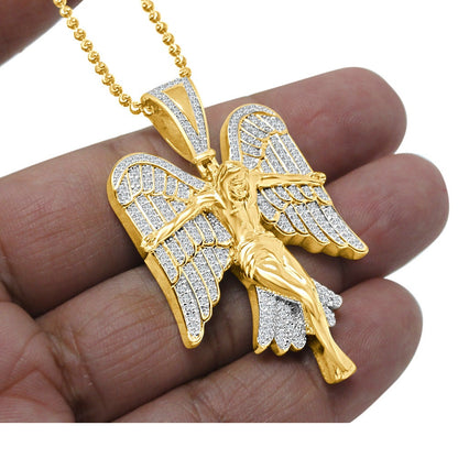 Real Genuine Sterling Silver 23+ Grams 14K Gold On Jesus Crucifix Angel Wings Religious Pendant 2.00 Cwt. Simulated Diamond Charm Chain Set