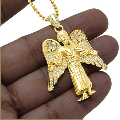 20+ Grams Genuine Authentic Italian Sterling Silver 2.00 Cwt. Simulated Diamond Christ Redeemer Jesus Angel Wings Charm Pendant Chain Set