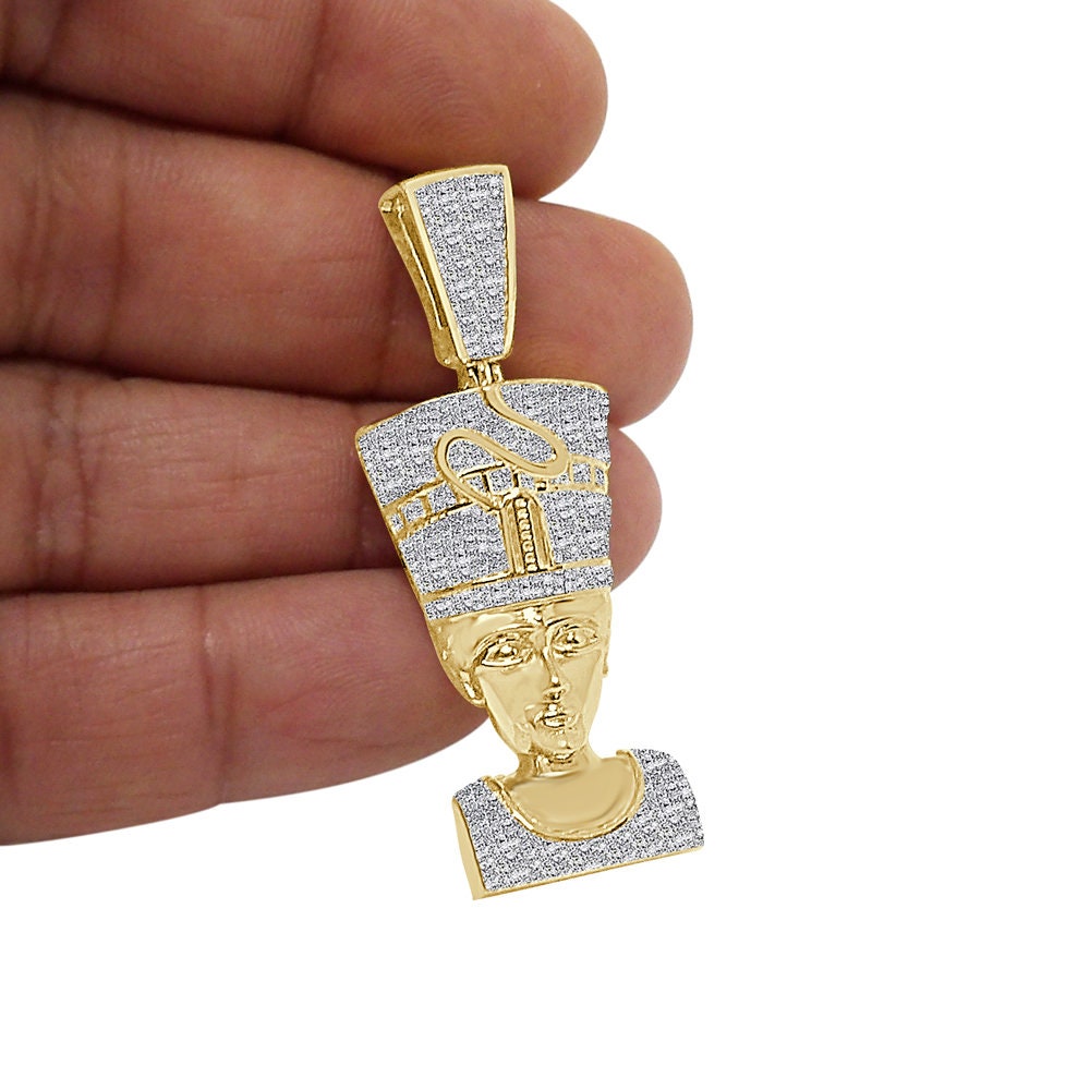 Real Genuine Natural Authentic Diamond 0.33 Cwt. Egyptian Queen Nefertiti Pharaoh Pendant 10K Gold Over Unisex Charm Chain Neckless Set 2''
