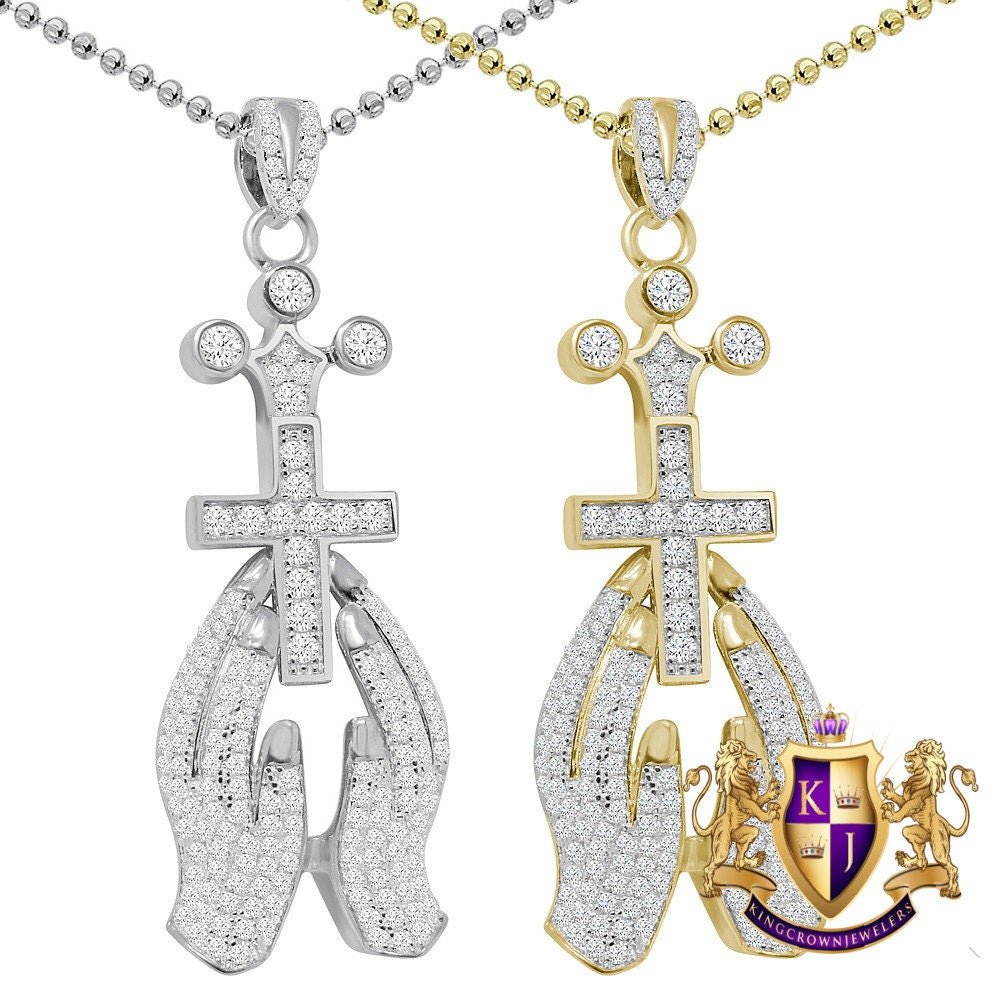 Authentic Genuine Italian Sterling Silver 14K Gold Over 1.50 Cwt. Simulated Diamond Praying Hands Cross Religious Pendant Charm Chain Set