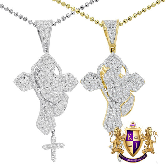 Real Genuine Italian Sterling Silver 14K Gold Finish 1.00 Cwt. Simulated Diamond Praying Hands Cross Unisex Pendant Charm Chain Neckless Set