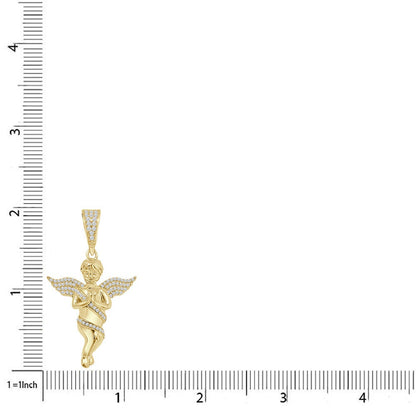Real Genuine Sterling Sliver Cherub Angel Praying Hand Simulated Diamond 14K Gold Over Unisex Pendant Religious Charm Chain Set Small 2''