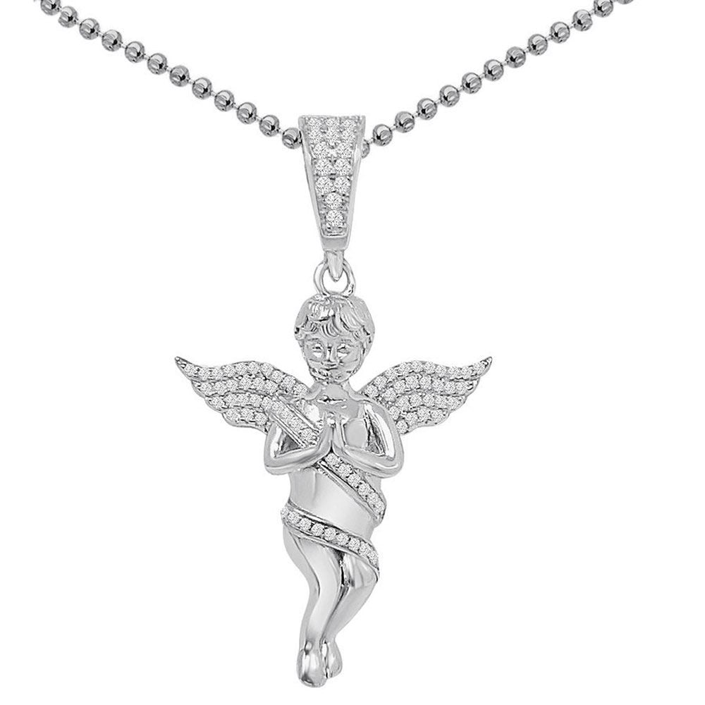 Real Genuine Sterling Sliver Cherub Angel Praying Hand Simulated Diamond 14K Gold Over Unisex Pendant Religious Charm Chain Set Small 2''