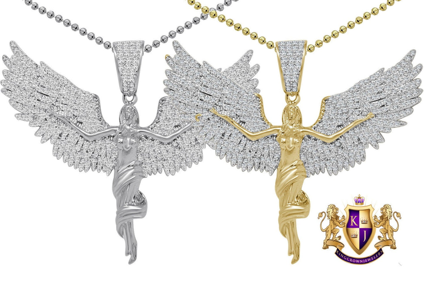 Real Genuine Authentic Sterling Silver 2.00 Cwt. Simulated Diamond 14K Gold Over Angel Wings Cross Charm Pendant Chain Neckless Set 1.80''