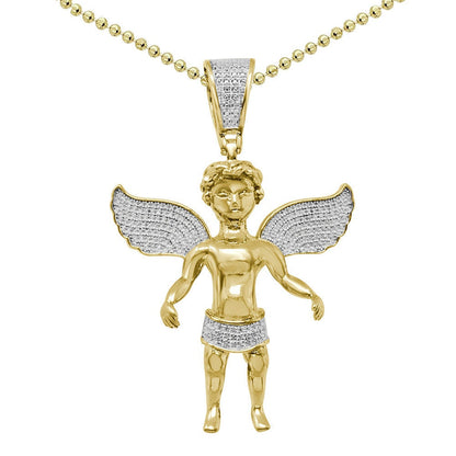 20+ Grams Real Genuine Sterling Silver 2.00 Ct. Simulated Diamond 14K Gold On Angel Wings Religious Pendant Unisex Charm Chain Set Big 2.5''