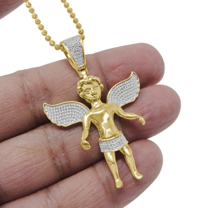 20+ Grams Real Genuine Sterling Silver 2.00 Ct. Simulated Diamond 14K Gold On Angel Wings Religious Pendant Unisex Charm Chain Set Big 2.5''