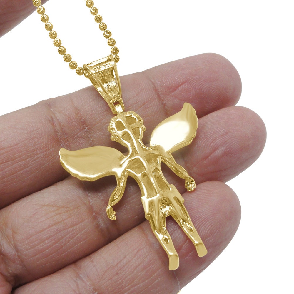 20+ Grams Real Genuine Sterling Silver 2.00 Ct. Simulated Diamond 14K Gold On Angel Wings Religious Pendant Unisex Charm Chain Set Big 2.5''