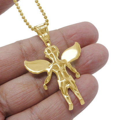20+ Grams Real Genuine Sterling Silver 2.00 Ct. Simulated Diamond 14K Gold On Angel Wings Religious Pendant Unisex Charm Chain Set Big 2.5''