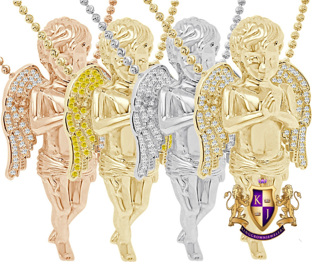 30+ Grams Real Genuine Italian Sterling Silver 2.00 Cwt. Simulated Diamond Praying Hands Angel Wings Charm Pendant Chain Neckless Set 2.10''