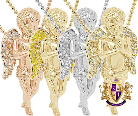 30+ Grams Real Genuine Italian Sterling Silver 2.00 Cwt. Simulated Diamond Praying Hands Angel Wings Charm Pendant Chain Neckless Set 2.10''