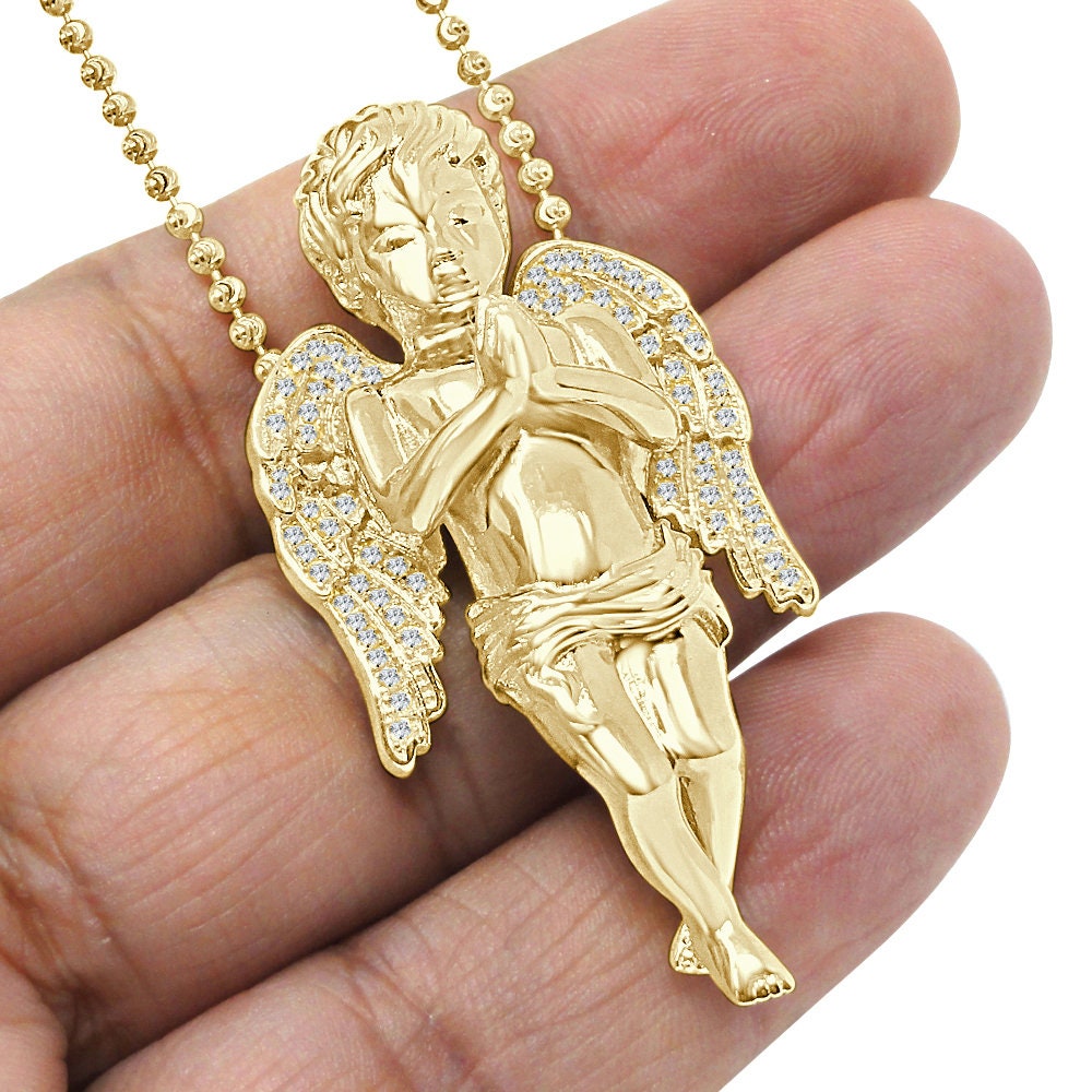 30+ Grams Real Genuine Italian Sterling Silver 2.00 Cwt. Simulated Diamond Praying Hands Angel Wings Charm Pendant Chain Neckless Set 2.10''
