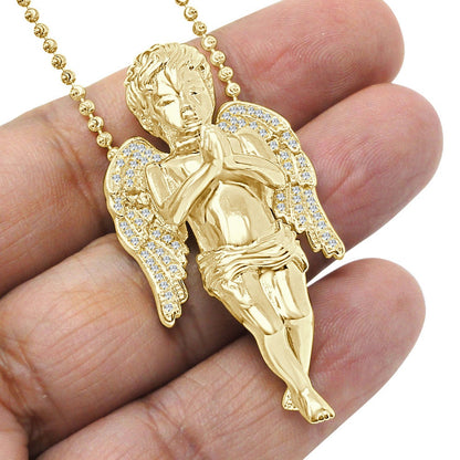 30+ Grams Real Genuine Italian Sterling Silver 2.00 Cwt. Simulated Diamond Praying Hands Angel Wings Charm Pendant Chain Neckless Set 2.10''