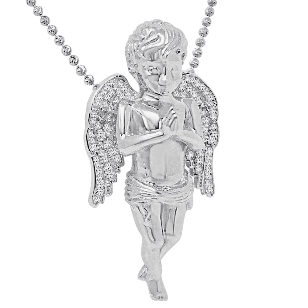 30+ Grams Real Genuine Italian Sterling Silver 2.00 Cwt. Simulated Diamond Praying Hands Angel Wings Charm Pendant Chain Neckless Set 2.10''