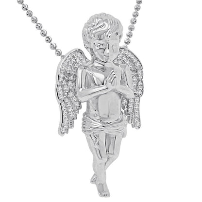 30+ Grams Real Genuine Italian Sterling Silver 2.00 Cwt. Simulated Diamond Praying Hands Angel Wings Charm Pendant Chain Neckless Set 2.10''