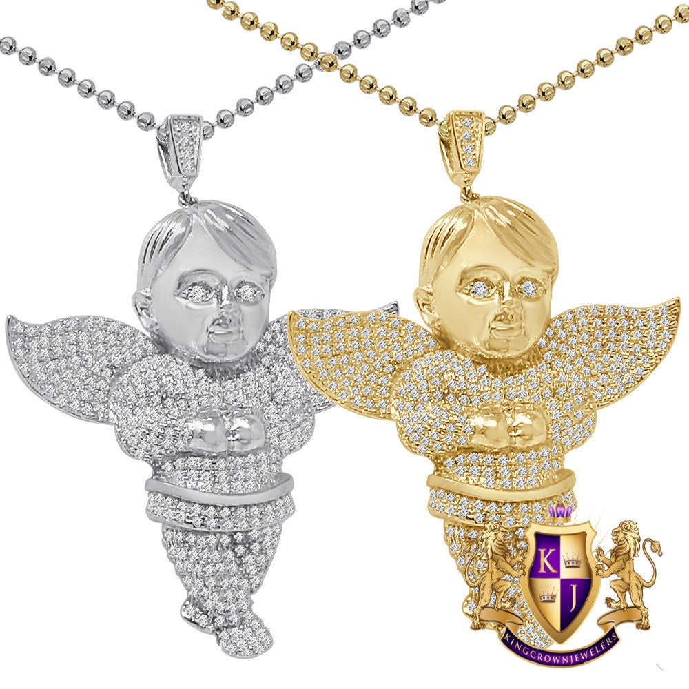 Genuine Real Sterling Silver Simulated Diamond Praying Hands Angel Unisex Religious Pendant Charm Chain Neckless Set 1.75''