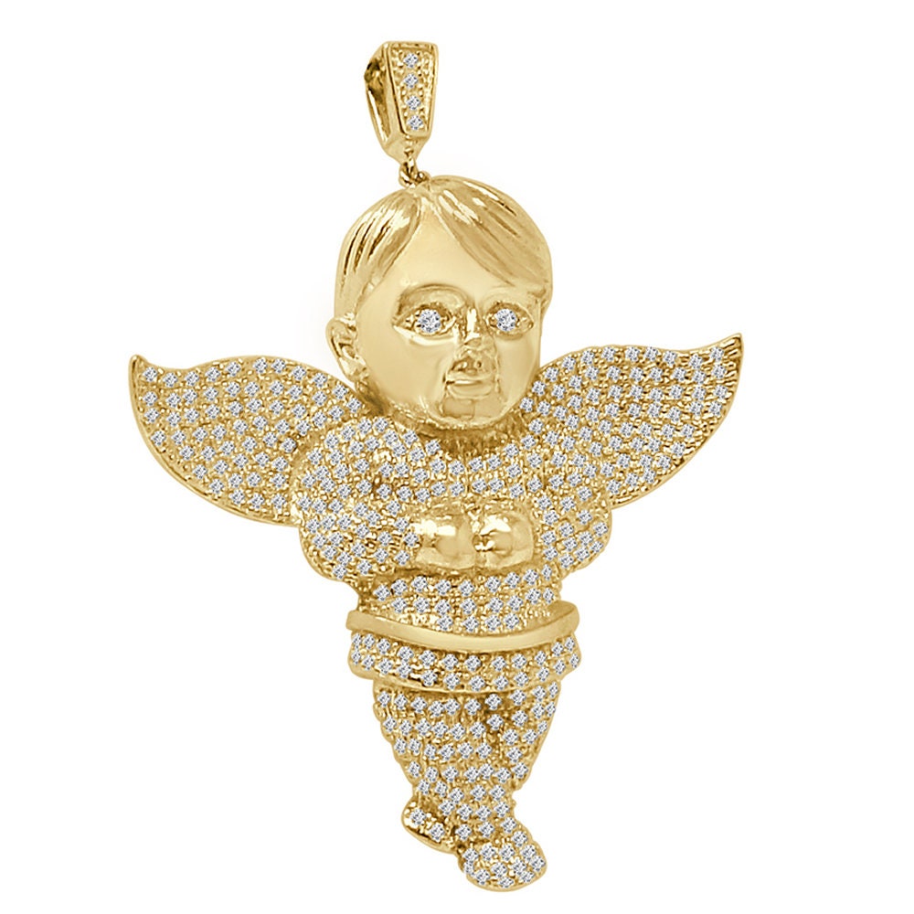 23+ Grams Real Sterling Silver Simulated Diamond Angel Praying Hands Religious Unisex Pendant Charm 2.5''